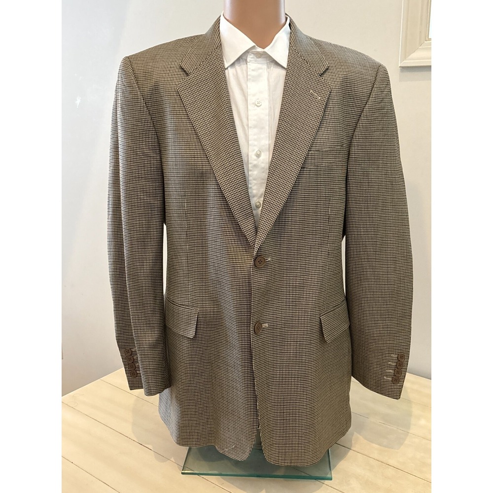 Vintage Calvin America Blazer Mens 42R Beige Silk Wool Coat Jacket Houndstooth